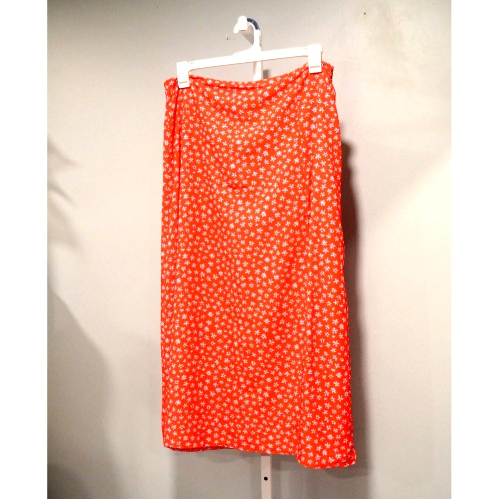 Lulus Size XL Lined A-Line Midi Skirt Orange-Red Floral L Leg Slit Cottagecore